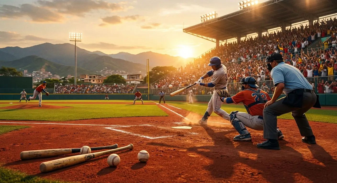 Campo de béisbol colombiano durante un partido emocionante, ideal para fondos de apuestas deportivas