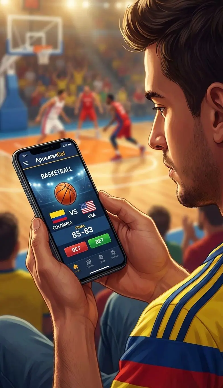 Aficionado colombiano realizando apuestas de baloncesto online desde su smartphone