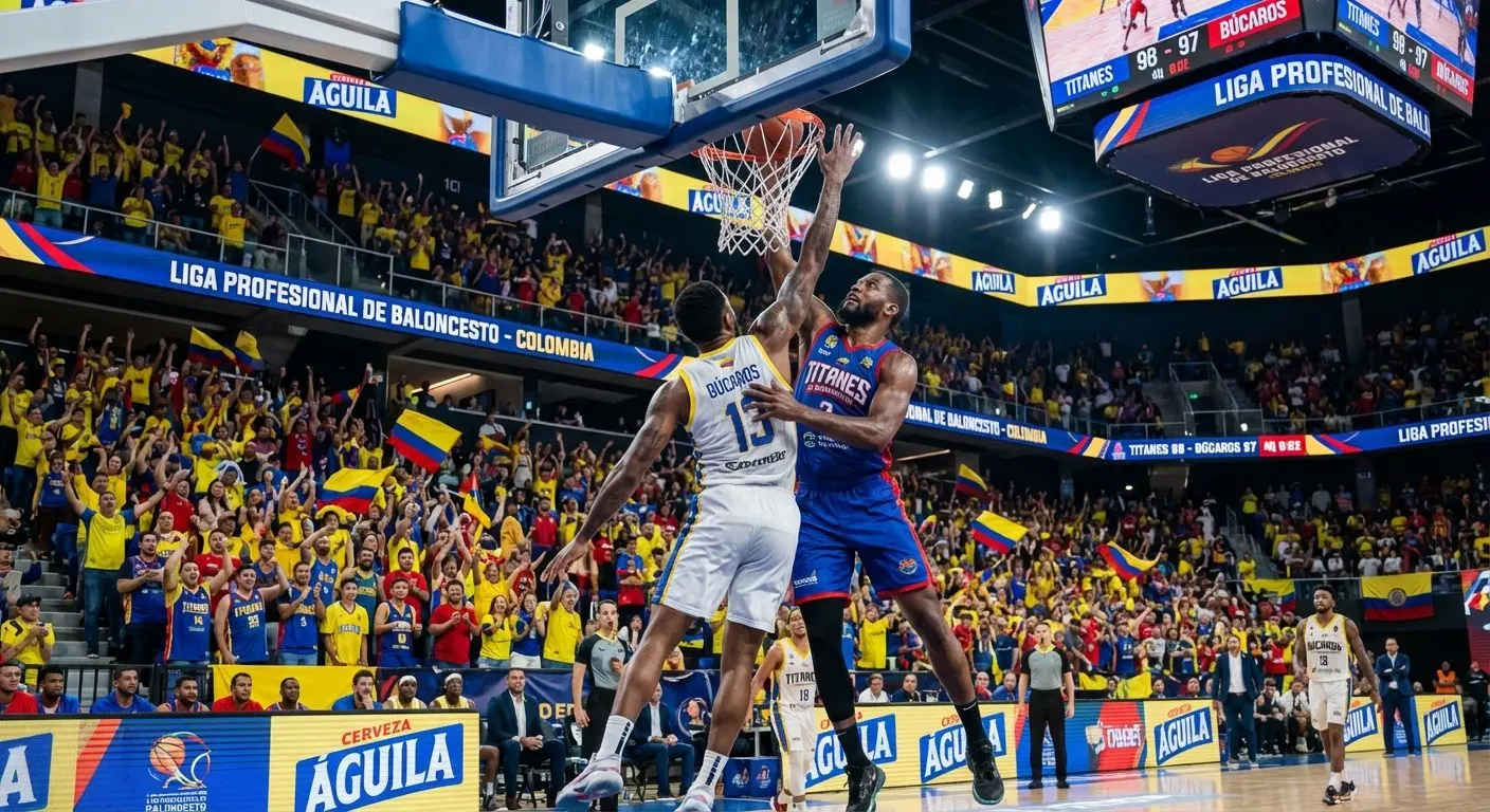 Partido intenso de baloncesto con público animando en un estadio colombiano moderno