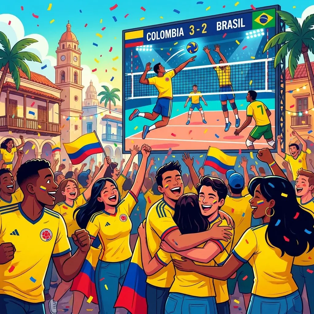 Aficionados colombianos celebrando apuestas deportivas de voleibol.