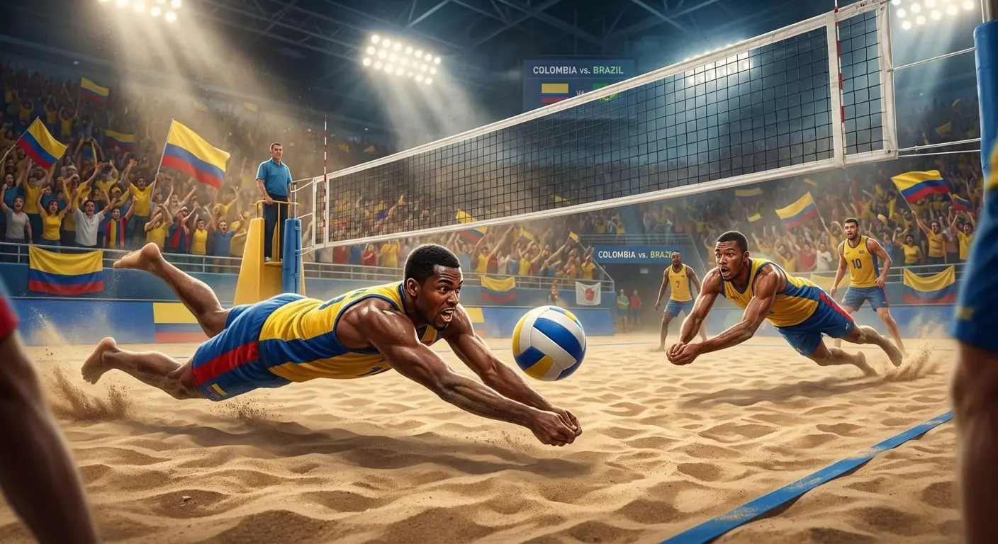 Jugadores de voleibol colombianos en pleno partido con fondo de estadio.