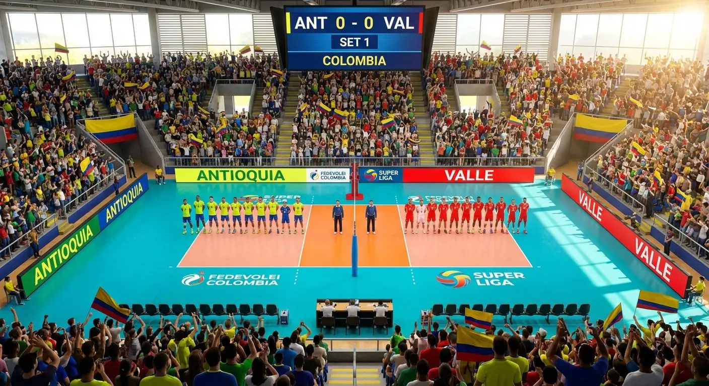 Vista superior de cancha de voleibol colombiano durante partido oficial.