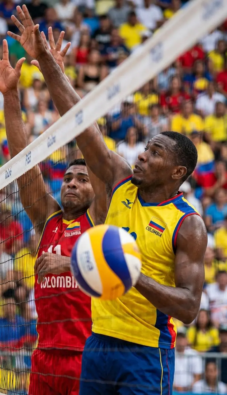 Jugadoras de voleibol colombiano bloqueando en partido competitivo.