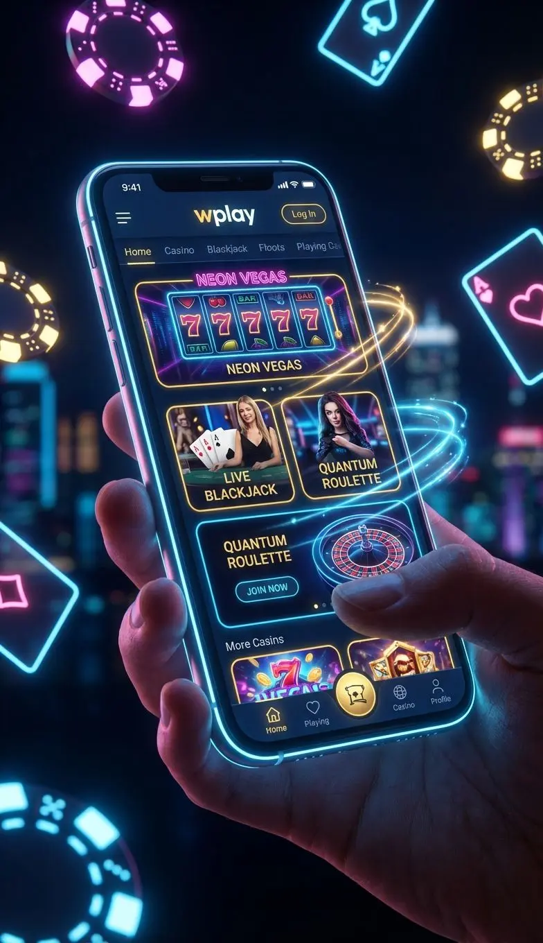 Pantalla de inicio de la app Wplay Casino en smartphone moderno con luces de casino de fondo