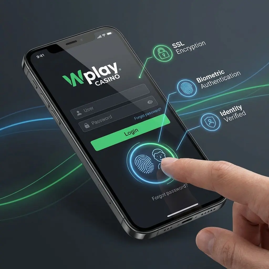 Pantalla de acceso seguro en la app Wplay Casino, resaltando opciones biométricas
