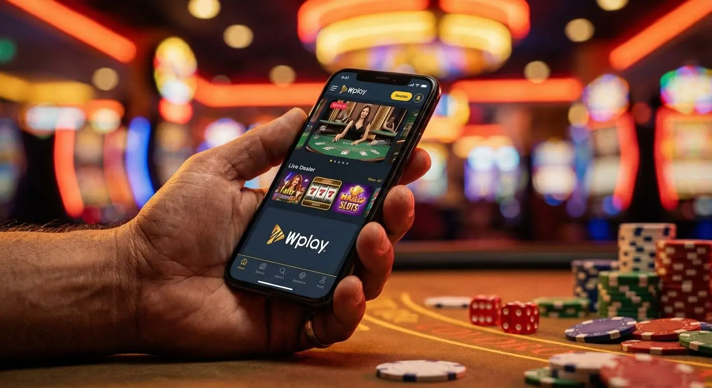 Smartphone con la app Wplay Casino abierto, fichas y luces en fondo, ambiente colombiano