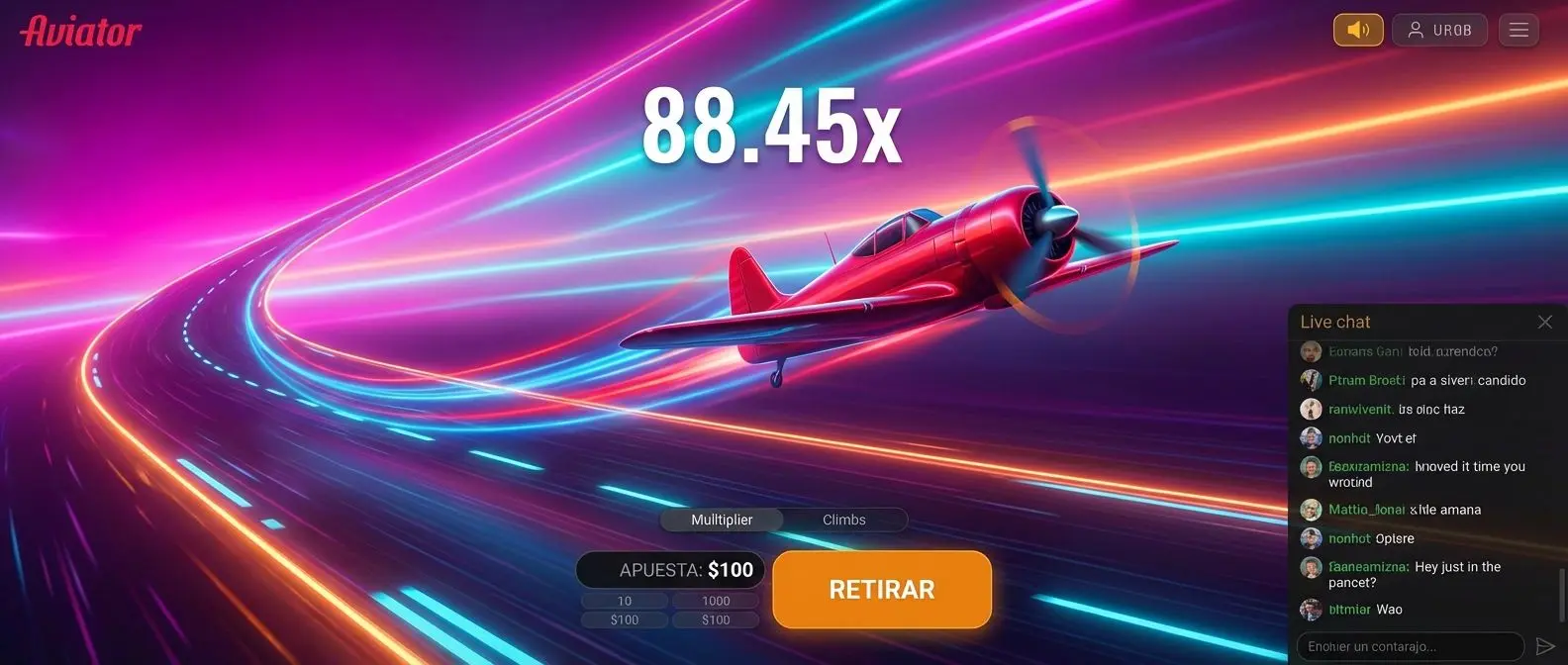 Avión digital despegando en la interfaz de juego Aviator de Wplay, fondo dinámico y colorido