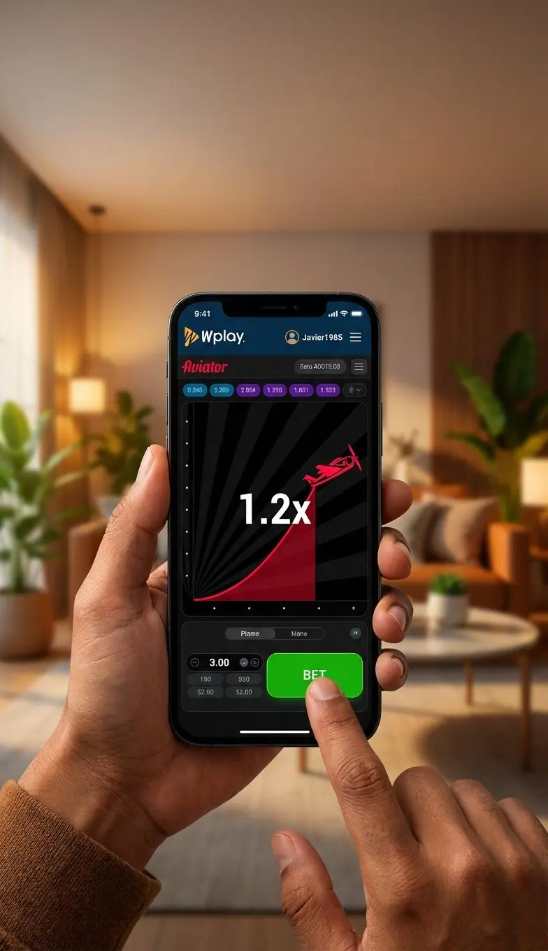 Interfaz de Aviator en Wplay vista en smartphone, usuario apostando en línea