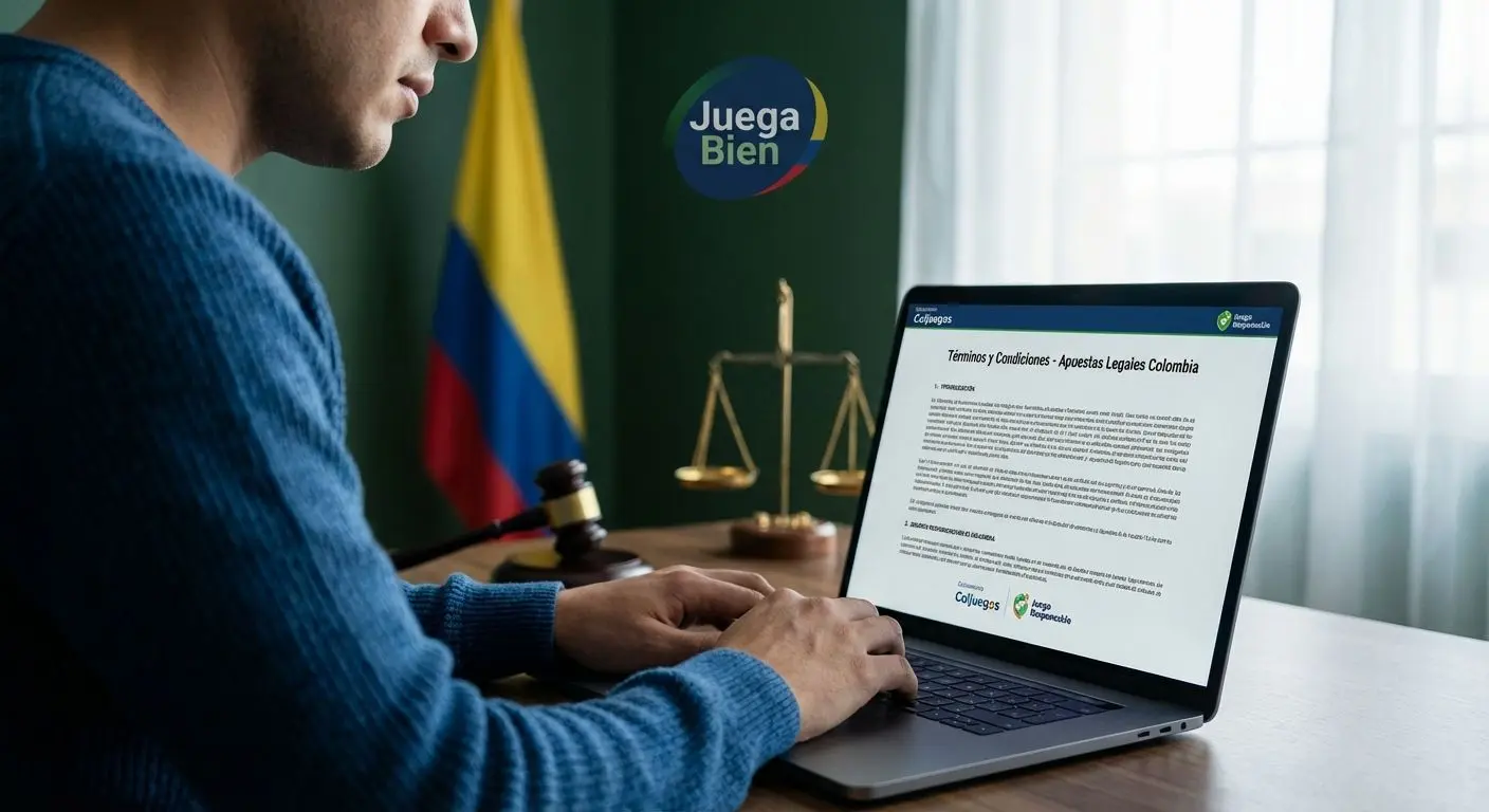 Usuario colombiano leyendo información legal de Wplay en laptop, ambiente seguro y moderno.