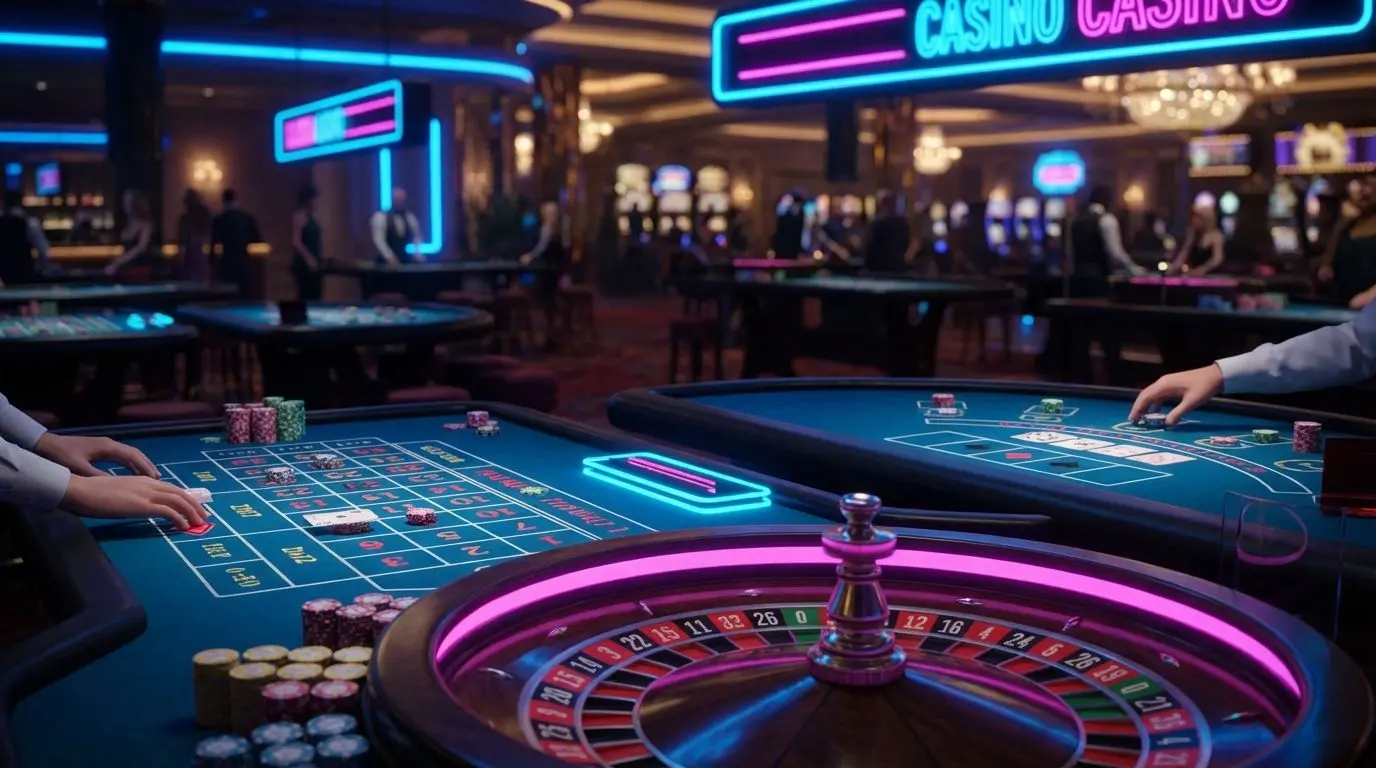 Mesas de ruleta y blackjack con fichas y cartas en Wplay Casino online