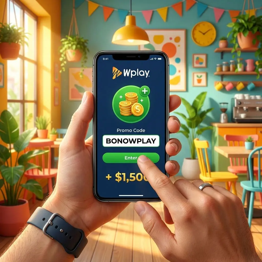 Usuario usando código promocional de Wplay en smartphone y ganando bono