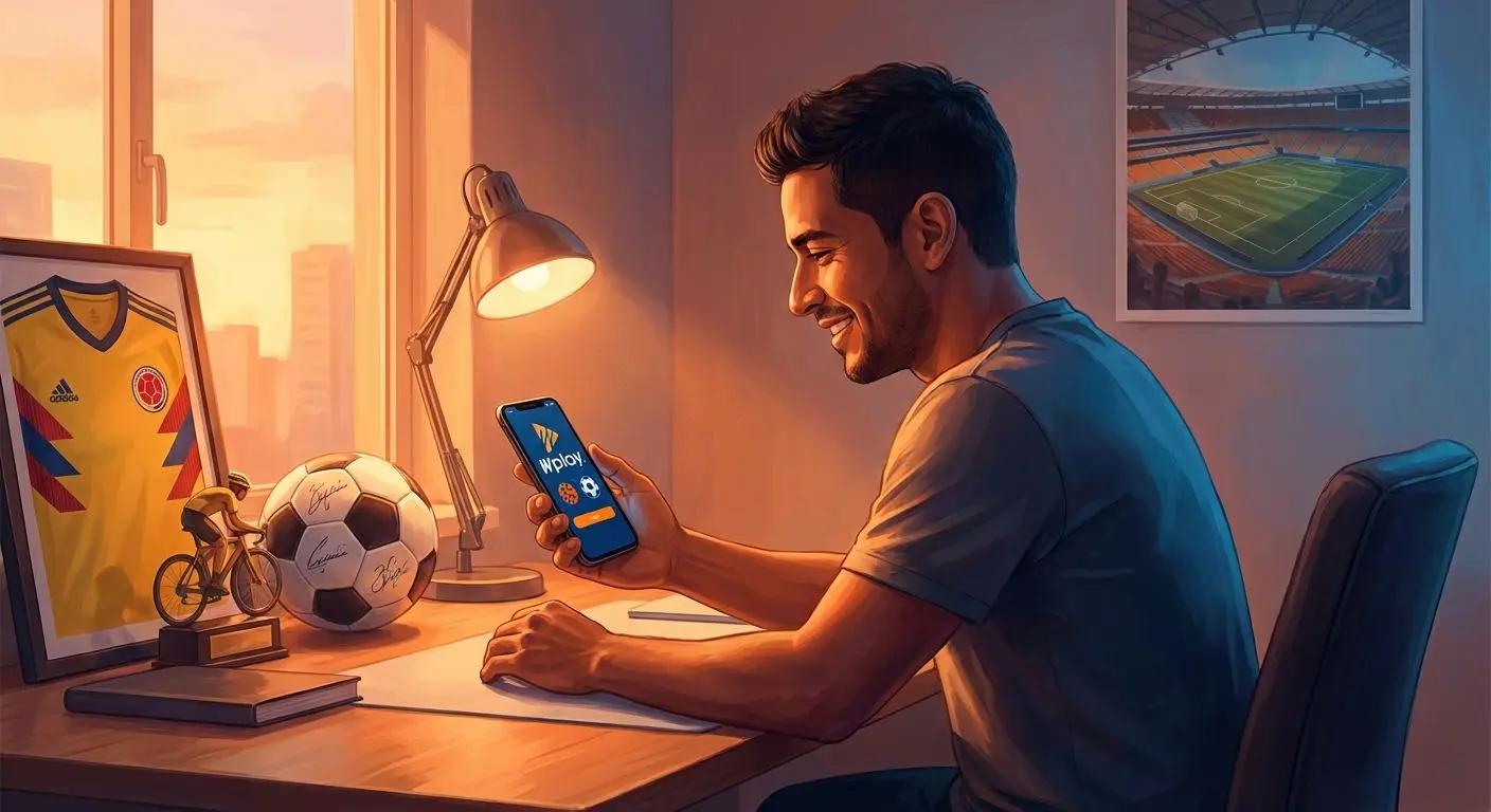 Usuario de Colombia interactuando con chat soporte Wplay en celular, ambiente cómodo