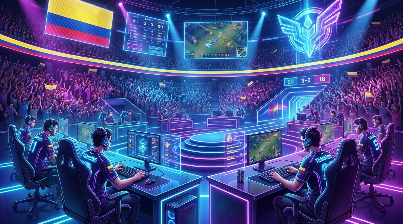 Jugadores profesionales compitiendo en torneo de eSports en ambiente neón con detalles colombianos