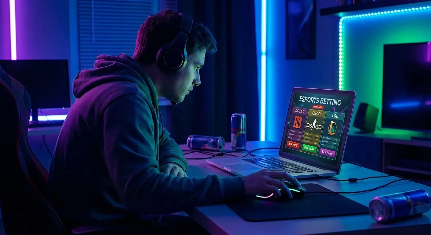 Apostador seleccionando cuotas de eSports en laptop con ambiente de juego nocturno y neón