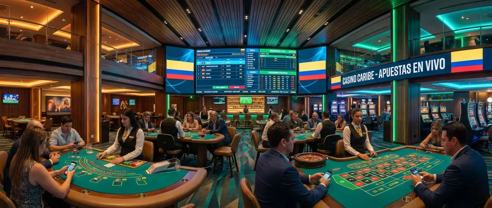 Vista panorámica de casino en vivo en Colombia con crupieres y jugadores de Wplay