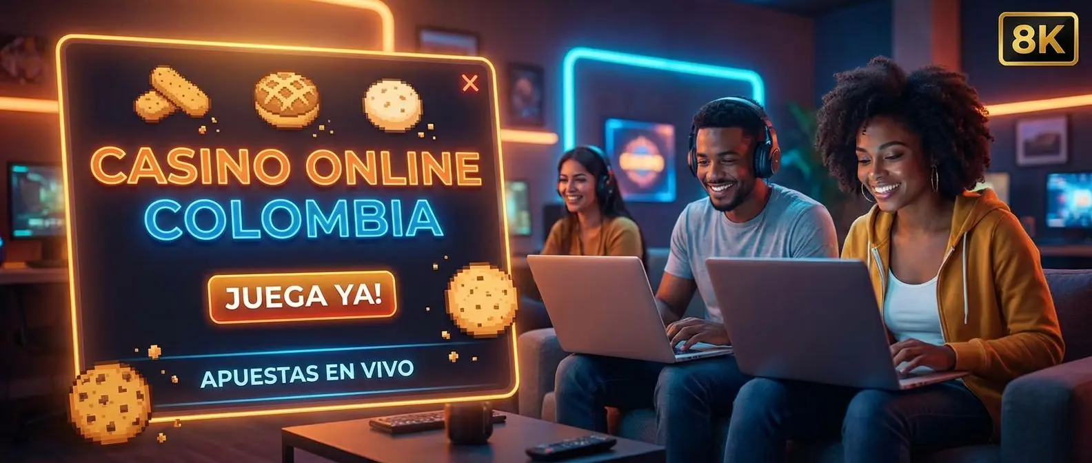 Banner de política de cookies en un casino online colombiano con elementos visuales de cookies y tecnología.