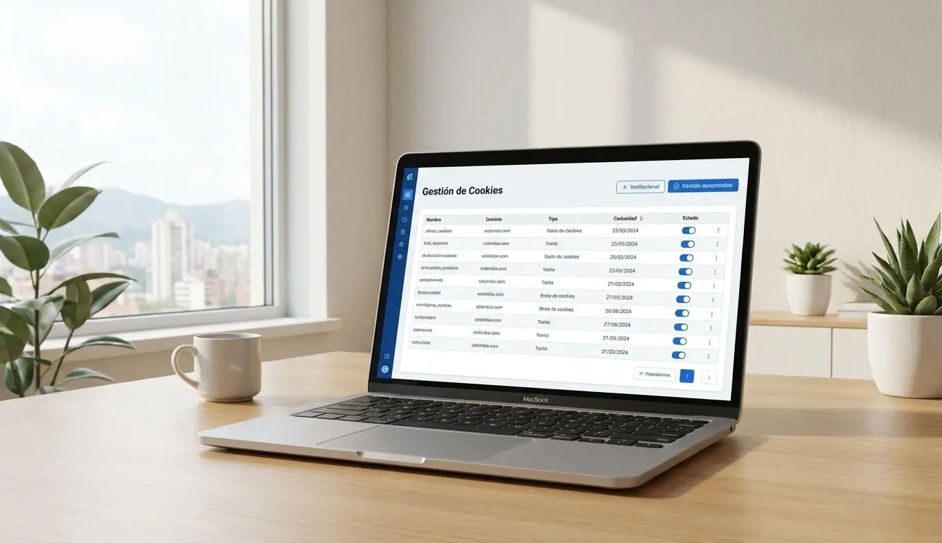 Tabla digital sobre tipos de cookies en laptop, gestión visible y clara