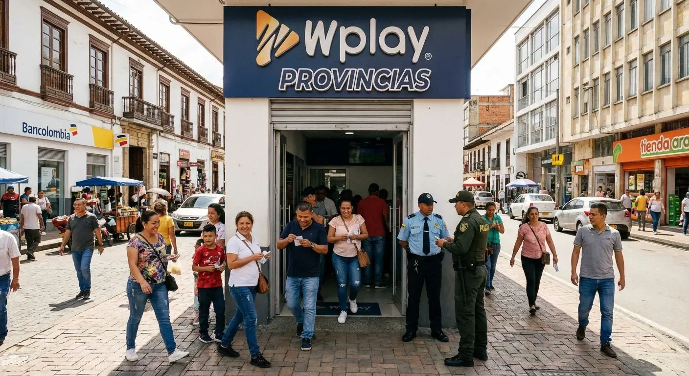 Entrada de un local de WPlay Provincias con usuarios colombianos entrando y saliendo