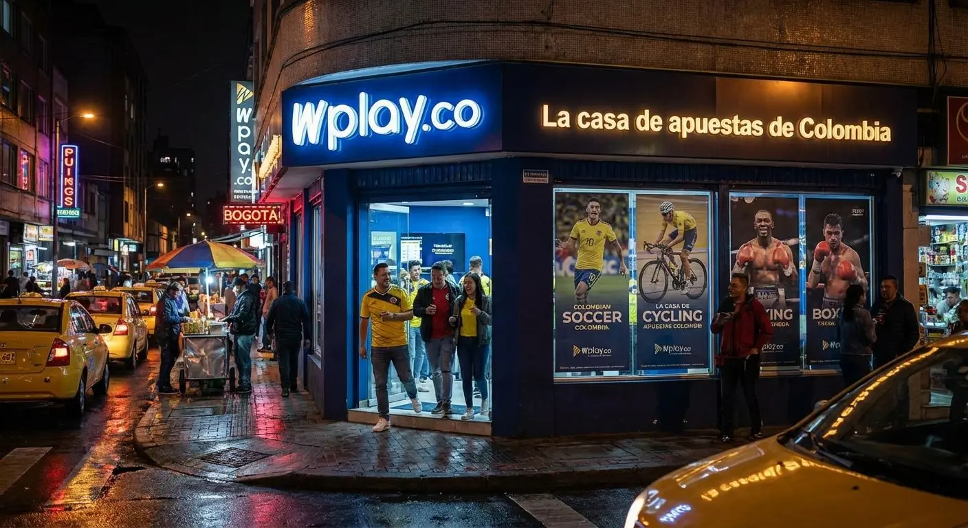 Fachadas iluminadas de locales WPlay Provincias en una ciudad colombiana de noche