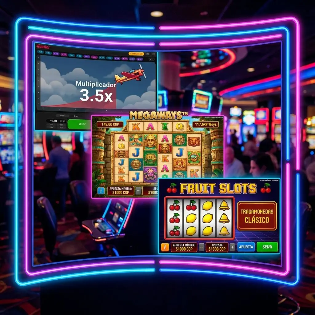 Collage de los juegos tragamonedas más populares de Wplay: Aviator, Megaways y frutas clásicas