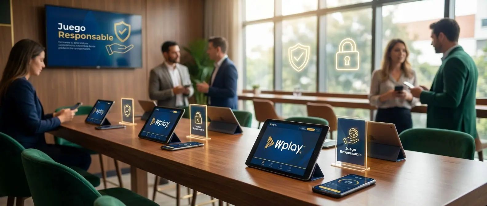 Ambiente seguro de apuestas online en Colombia con dispositivos mostrando Wplay y logos de seguridad
